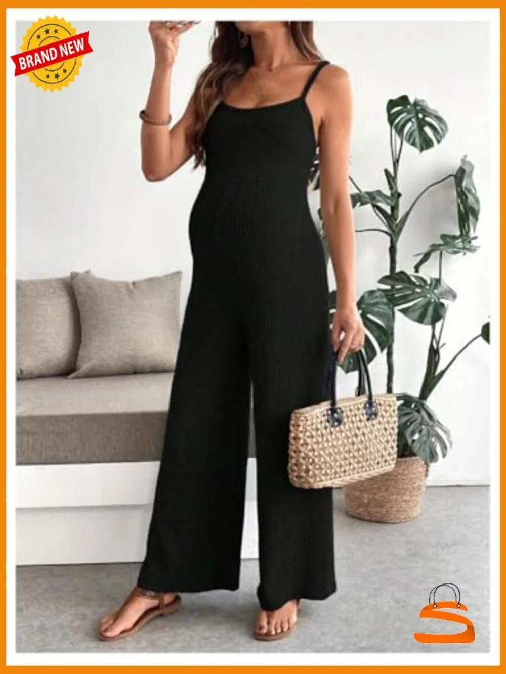 Spaghetti Strap Rib Knit Maternity Jumpsuit Wide Leg Overalls Romper